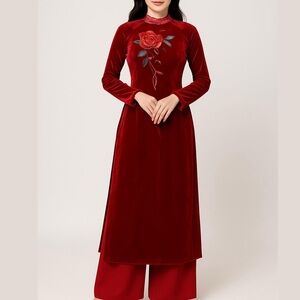 Ao Dai with Velvet Red Floral Embroidery And Pearl Accents Set of 3